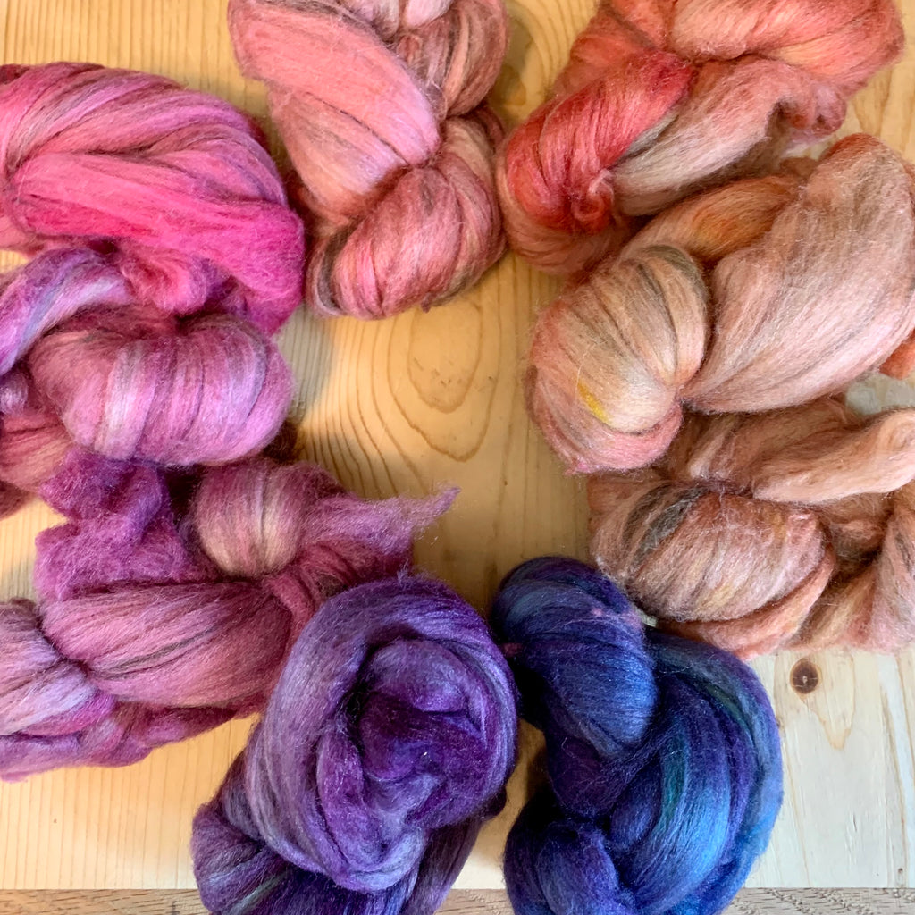hand-dyed rambouillet yak silk, May 2022, purples, pinks and oranges assortment