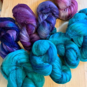 hand-dyed rambouillet yak silk, May 2022, blues and purples assortment