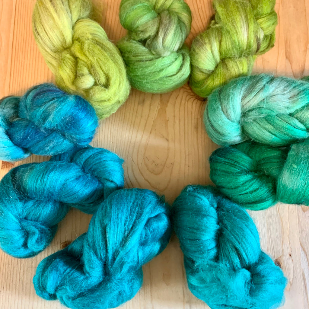 hand-dyed rambouillet yak silk, May 2022, greens and blues assortment