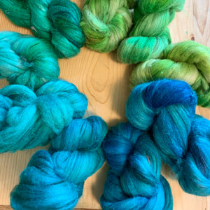 hand-dyed rambouillet yak silk, May 2022, greens and blues assortment
